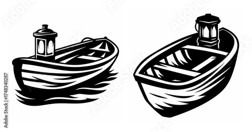 Two rowboats with lanterns simple black and white sketch on for design