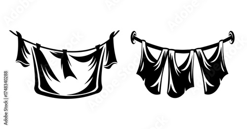 Drying clothes on a clothesline vintage sketch style two pairs of garments hanging fresh laundry