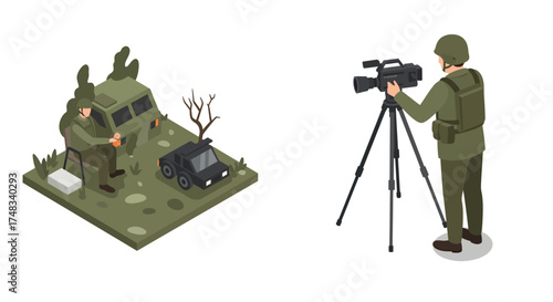 Isometric military scene with soldiers and cameraman in field gear