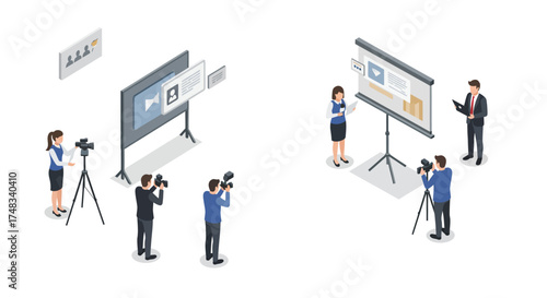 Isometric business presentation and media coverage in modern office setting
