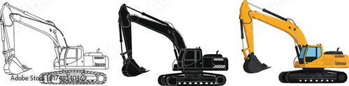 Excavator vector illustration set construction equipment in different styles isolated on white background