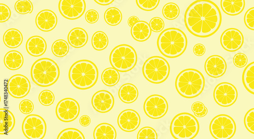 A refreshing seamless pattern of bright yellow lemon slices creates a cheerful and vibrant citrus background.
