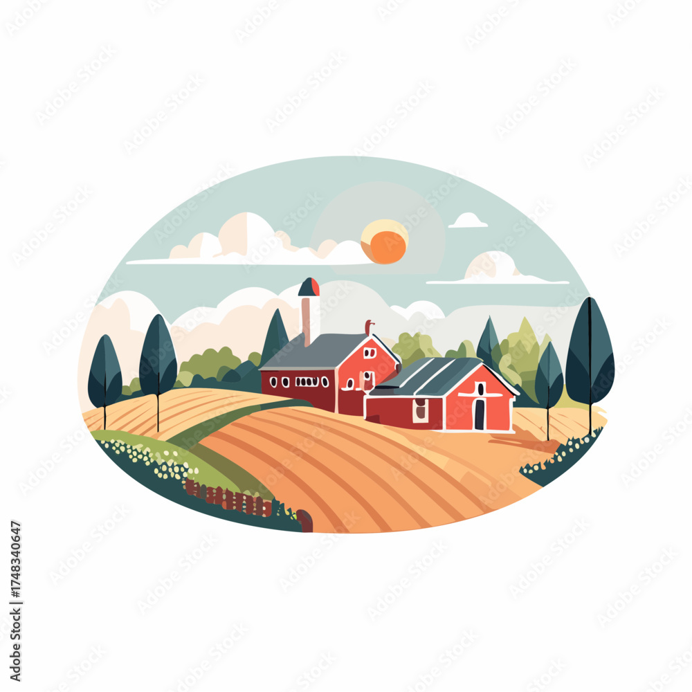 custom made wallpaper toronto digitalIdyllic Rural Farm Landscape with Red Barn and Fields.