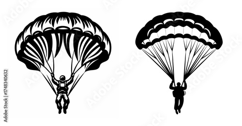 Two skydivers descending with parachutes open in a graphic style artistic rendering