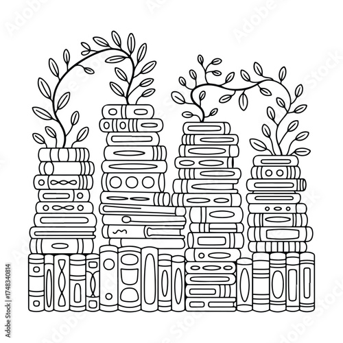 Book Stack kids and adults coloring page in hand drawn line art style. Printable black and white illustration for mindfulness, creativity, and relaxing art activities.