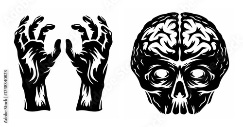 Creepy zombie hands reaching out next to a frightening brain skull graphic design