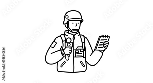 Journalist in helmet reporting news with microphone and notebook