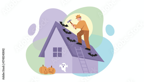 Man repairing a spooky house roof with bats pumpkins and a ghost for Halloween
