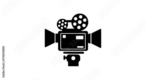 Retro movie camera silhouette with film reels and spotlight design