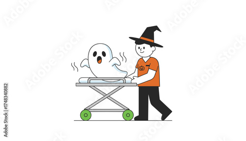 Playful Halloween illustration person in witch hat pushes a ghost on an emergency stretcher