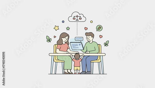 Happy family uses laptop for online services cloud computing legal advice or financial planning