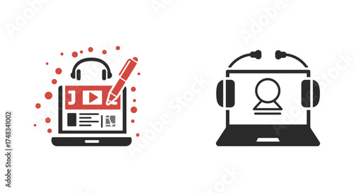 Modern online learning and podcasting icons with headphones and laptops