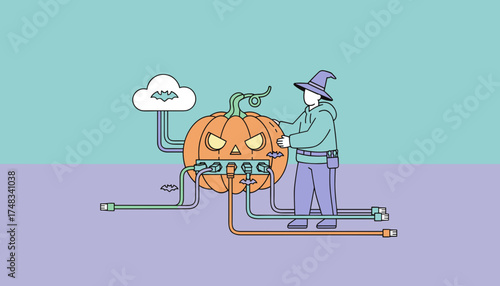 Witch connects a techinfused jackolantern to a cloud blending Halloween and networking concepts