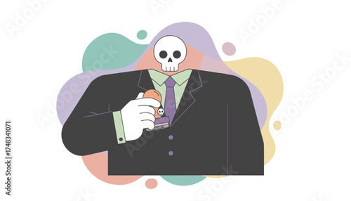 Skull businessman in suit stamps with a death icon Concept of danger toxic approval or bureaucracy