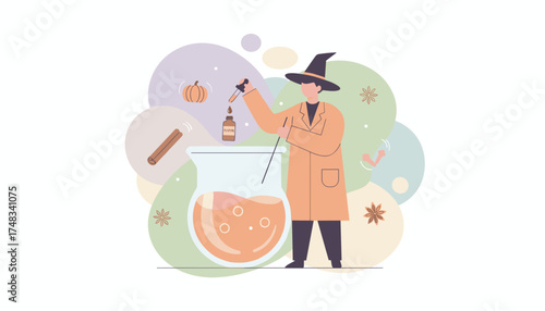 Enchanting autumn concoction Person in witch hat creating pumpkin spice essence Seasonal branding