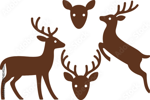 Illustration of brown deer in various poses on a white background art
