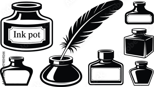 Illustration of multiple ink pots and a quill on a light blue background