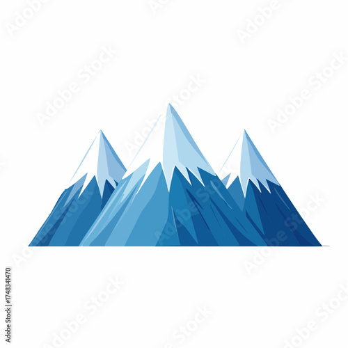 Stylized blue mountain range with snowcapped peaks.