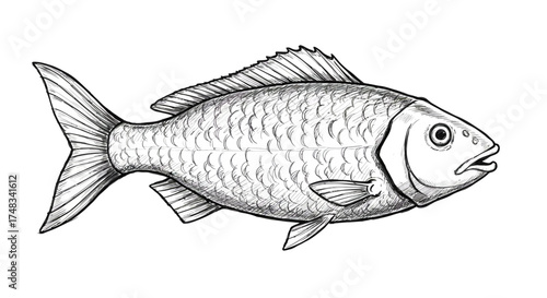 Detailed black and white fish sketch with scales and fins