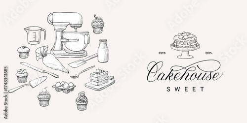 Cake house shop logo with vector illustration cake bakery element utensils, ingredient, bake product graphic design set collection for marketing content, printing media, and menu