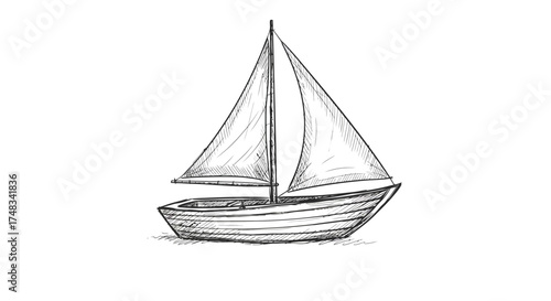 Hand drawn sailboat sketch with detailed lines on white background