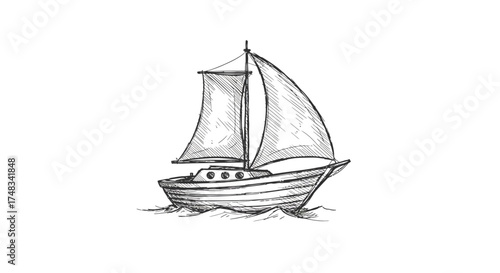 Vintage sketch of sailing boat on open sea with gentle waves
