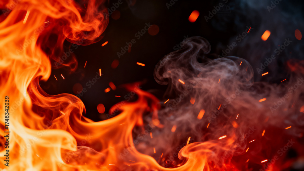 Fototapeta premium Flames and smoke with glowing embers