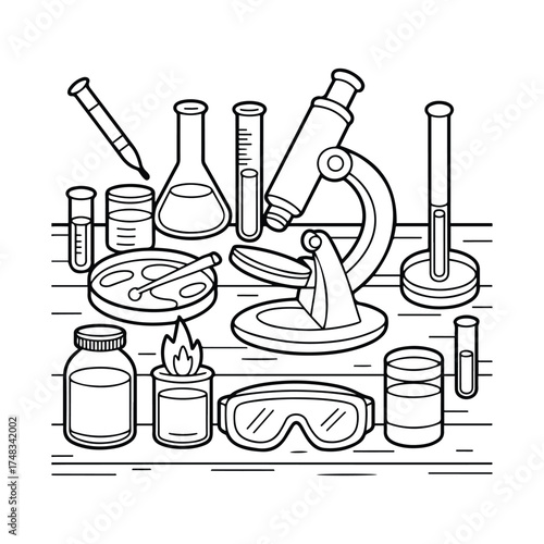 Science Lab Equipment kids and adults coloring page in hand drawn line art style. Printable black and white illustration for mindfulness, creativity, and relaxing art activities.