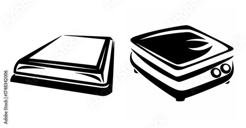 Two images of induction cooktops one with lid and one without showing control panel details