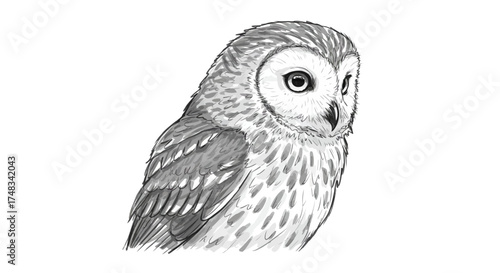 Detailed black and white sketch of a barred owl with intricate feather patterns