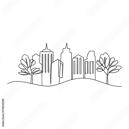 Urban skyline outline with trees on grassy landscape  