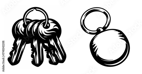 Bunch of keys and round keychain charm artistic sketch graphic design element for security and access concepts