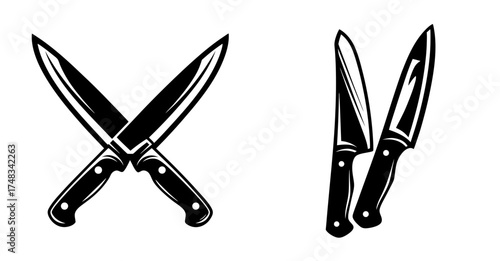 Sharp kitchen knives crossed and grouped for culinary artistry and food preparation