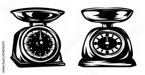 Retro kitchen scale duo precise weight measurement vintage appliance illustration with dial face