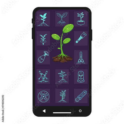 A smartphone displays a screen with icons related to plants and gardening, featuring a sprout as the central image.
