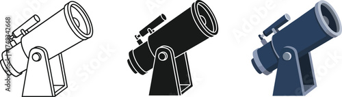 Telescope vector icon set line art silhouette and color illustration isolated on white background