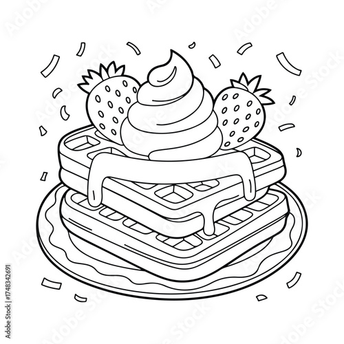 Pancake stack kids and adults coloring page in hand drawn line art style. Printable black and white illustration for mindfulness, creativity, and relaxing art activities.
