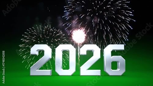 Celebrate New Year 2026 with Fireworks A Sparkling Silver Design on Green