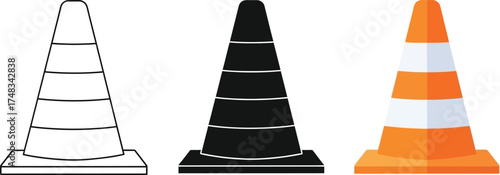 Traffic cone vector illustration set safety cones in outline silhouette and color isolated on white background