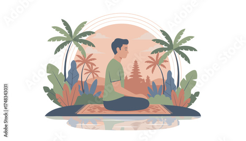 Peaceful man meditating in a serene tropical setting with palm trees and a temple Mindfulness travel wellness