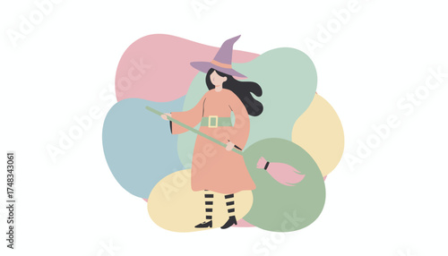 Charming witch illustration with broom and pastel background Perfect for Halloween or fantasy designs