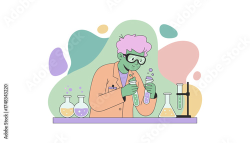 Curious young scientist experimenting in a lab mixing colorful liquids in test tubes Science education