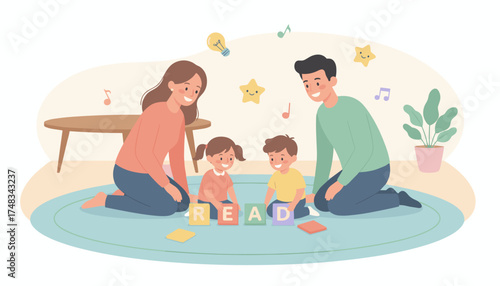 Parents and children happily learn to read with alphabet blocks at home