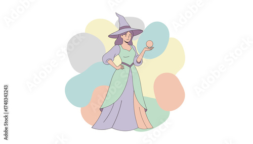 Elegant witch in a pastel dress and hat holding a glowing orb amidst soft abstract shapes
