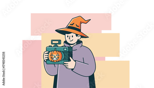 Smiling person in witch hat with camera featuring a pumpkin lens capturing Halloween fun