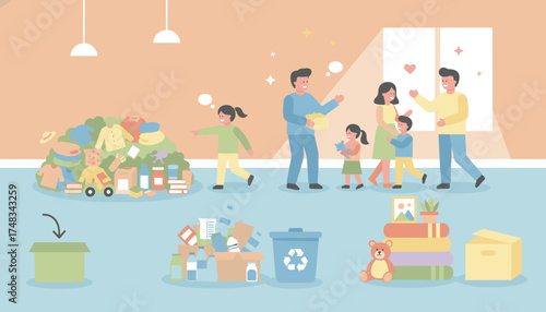 Happy family decluttering and organizing home donating items and recycling for a cleaner lifestyle