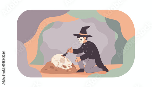 Archaeologist in mask unearthing ancient human skull in a cave with a brush Discovery science