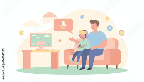 Father and son happily play video games together enjoying family bonding and digital entertainment