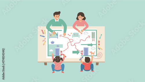 Family drawing home fire escape plan together teaching safety to kids Preparedness