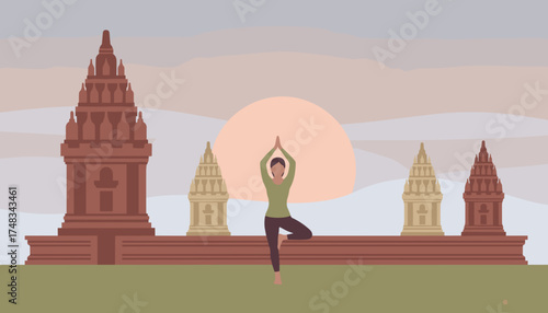 Woman practices yoga tree pose at ancient temple during tranquil sunrise promoting peace and wellness